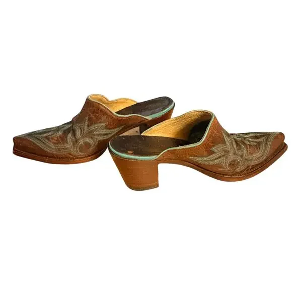 Old Gringo Leather Made In Mexico Brown w/ Teal Detail Western Style Mules sz 8 - Picture 6 of 14
